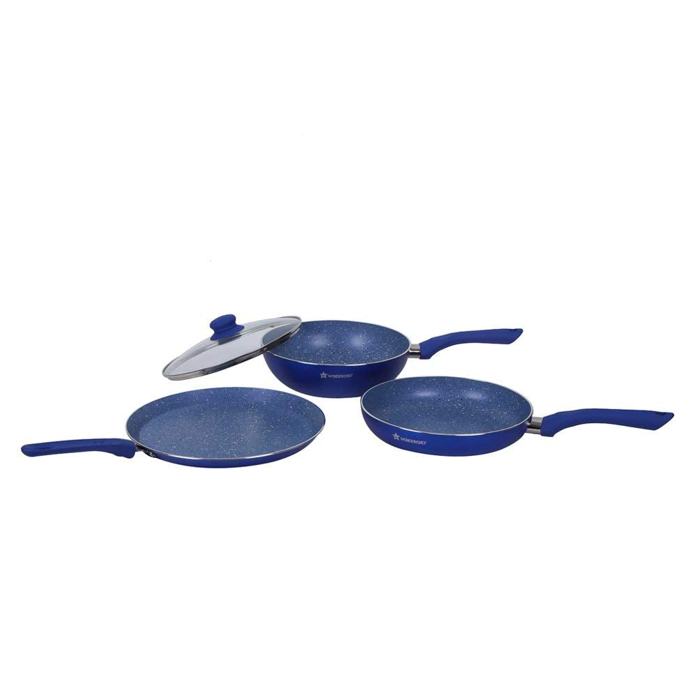 Wonderchef Royal Velvet Plus Induction Base Aluminium Nonstick Cookware 4-Piece Set | Frying Pan, Wok, Dosa, Tawa | Blue-Home & Kitchen Accessories-dealsplant