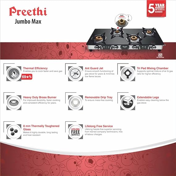 Preethi Blue Flame Jumbo Max 4 Burner Glass Top Gas Stove - GTS 118-dealsplant