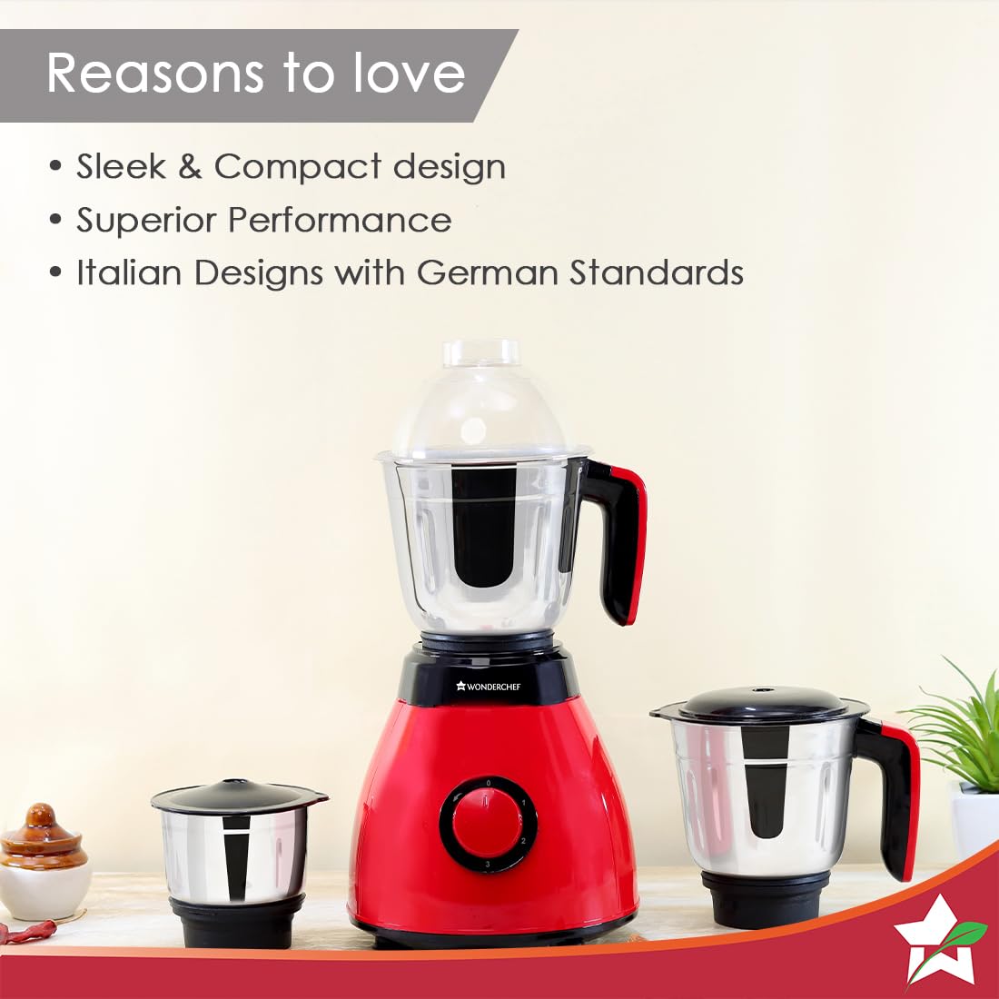 Wonderchef Vesper Mixer Grinder | 3 leak-proof stainless steel Jars with secure lids | Powerful 600W motor | 3-Speed & Pulse Function | Anti Skid Feets | 5 years warranty on motor | Red-Home & Kitchen Accessories-dealsplant