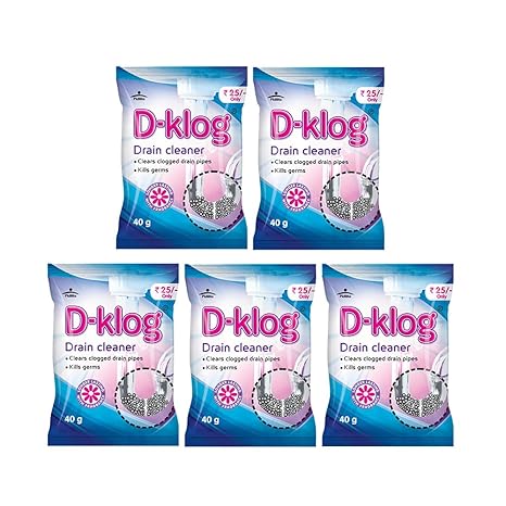 Pidilite D-Klog Drain Cleaner Powder (40g x 5 Units), Removes Clogs, Blockages in Washbasin, Septic Tank, Sinks, Pipes within 30 mins. Drain expert | Sink cleaner| Toilet Cleaner-bath filler-dealsplant