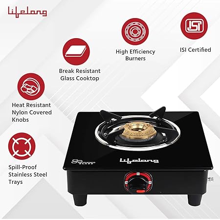 Lifelong LLGS201 Open Single Burner Glass Gas Stove (Black, 27 x 29 x 9 cm), Manual Ignition, Black-GAS STOVE-dealsplant