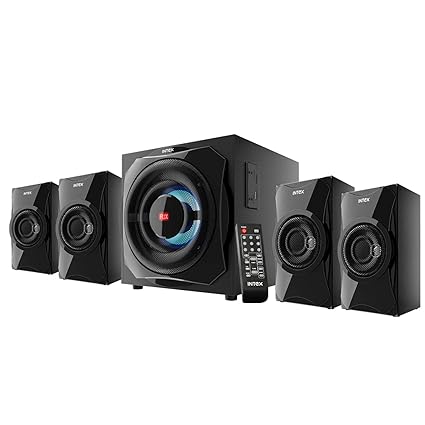 Intex BOMB TUFB 4.1 Channel 122 W Sound Output Bluetooth Speaker with Multiple Input, Output, Recording Feature, Power Indicator LED Display, Inbuilt Digital FM Playability, Decoration Dancing Light, Main Unit/Satellite- Wooden Body (Black)-Multi-Media Speaker-dealsplant