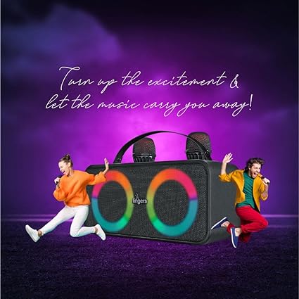 FINGERS 2Mic-Karaoke Portable Speaker with 2 Wireless Mics (RGB Lights, 6-Hour Playback, 24 W Intense Bass, Bluetooth® | USB | MicroSD | FM Radio) – Rich Black-Speaker-dealsplant