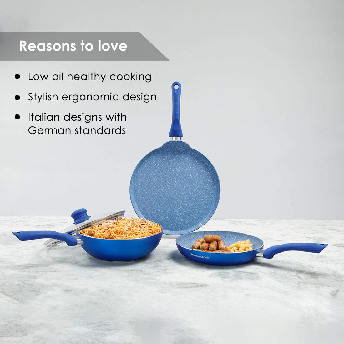Wonderchef Royal Velvet Plus Induction Base Aluminium Nonstick Cookware 4-Piece Set | Frying Pan, Wok, Dosa, Tawa | Blue-Home & Kitchen Accessories-dealsplant