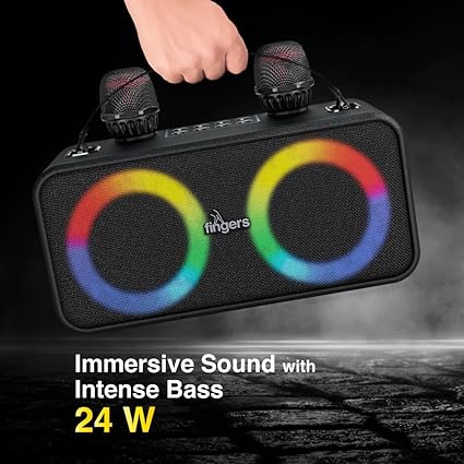FINGERS 2Mic-Karaoke Portable Speaker with 2 Wireless Mics (RGB Lights, 6-Hour Playback, 24 W Intense Bass, Bluetooth® | USB | MicroSD | FM Radio) – Rich Black-Speaker-dealsplant
