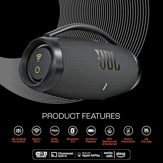 JBL Boombox 3 Wi-Fi, Wireless Portable Bluetooth Speaker, 24H Playtime, Deepest Bass, Built-in Powerbank, Wi-Fi with AirPlay, Alexa Multi-Room, Chromecast built-in™, PartyBoost, IP67, App (Black)-Bluetooth Speakers-dealsplant