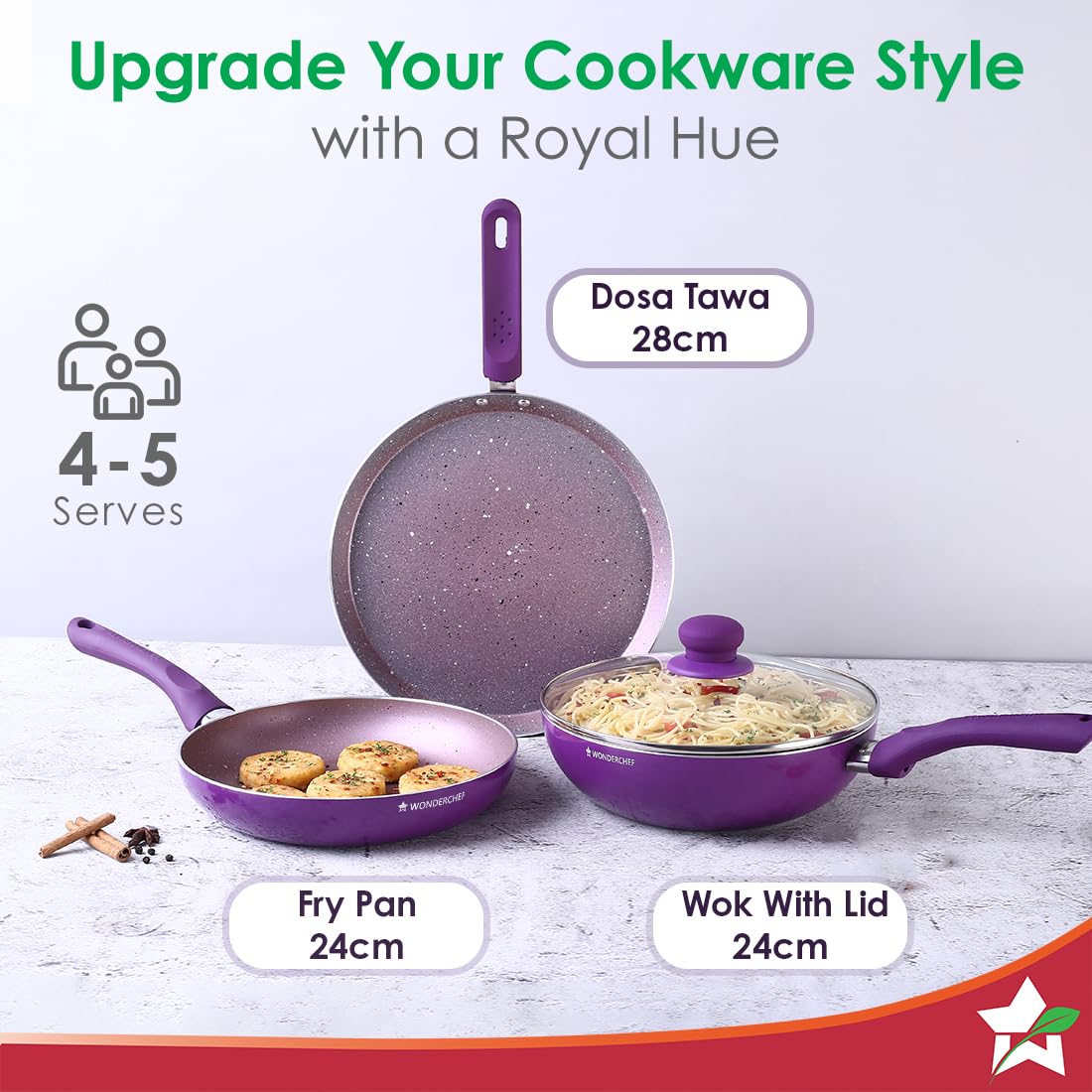 Wonderchef Royal Velvet Plus Induction Base Aluminium Nonstick Cookware 4-Piece Set | Frying Pan, Wok, Dosa, Tawa | Purple-Home & Kitchen Accessories-dealsplant