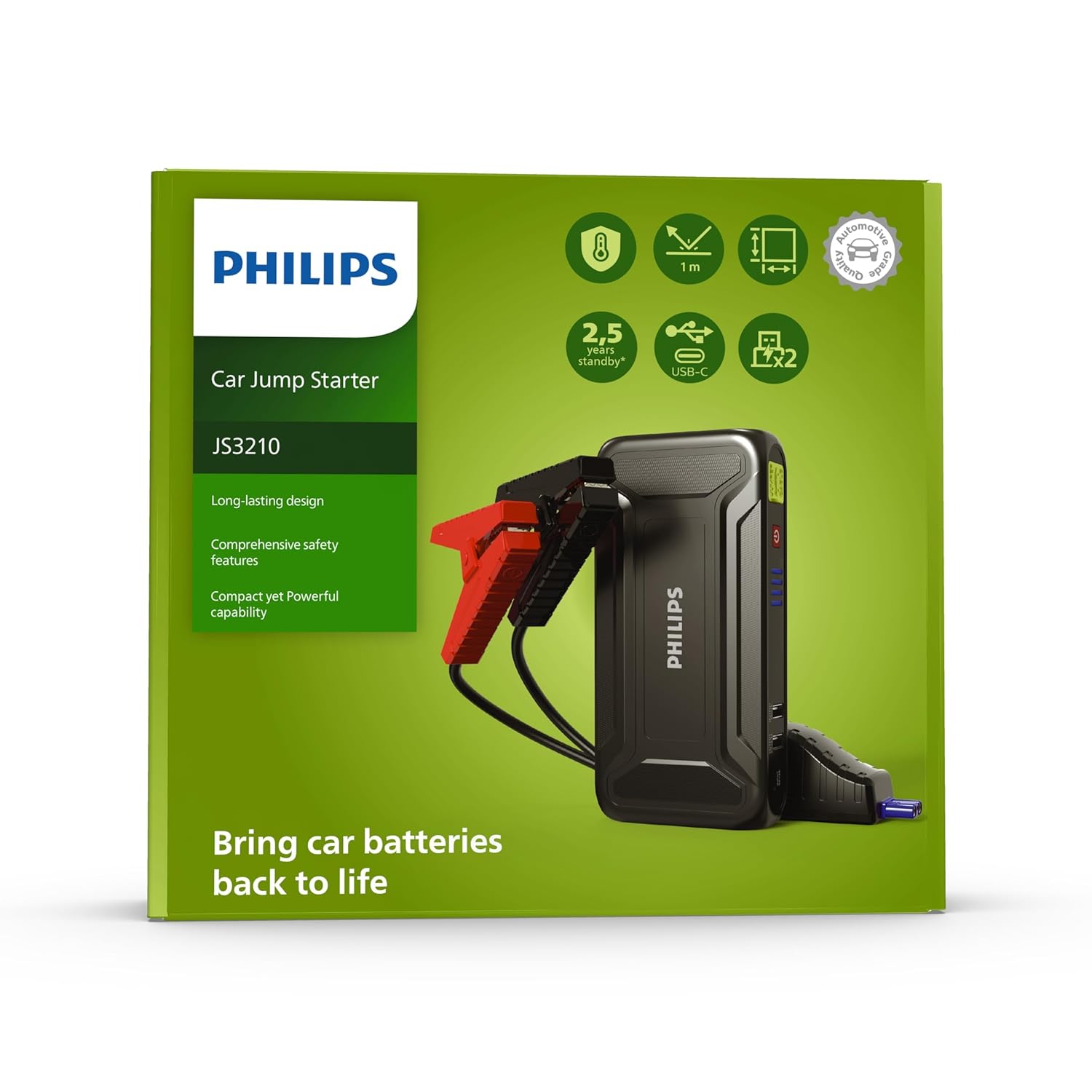 Philips Car Jump Starter JS3210 | Compact Design | Compatible with 4.0L Petrol Engine, 3.0L Diesel Engine and Two Wheeler | 9900mAH-dealsplant
