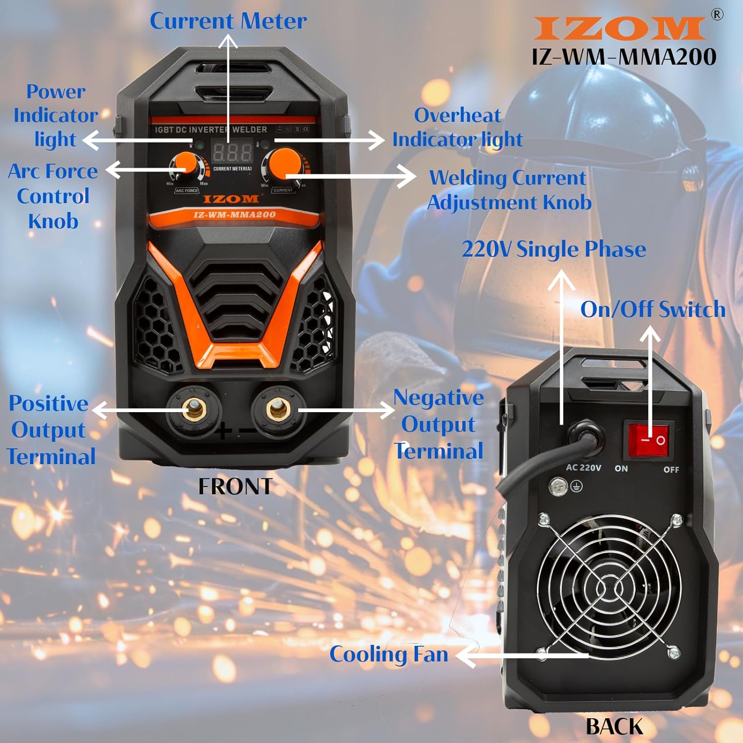 IZOM ARC Welding Machine 200A, 4xIGBT Single Phase, Arc Force Control, Hot Start and Anti stick Function Inverter Welding Machine-Welding Machine-dealsplant