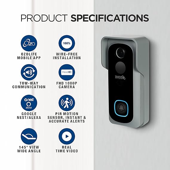 Ozone Smart Video Door Bell Instant Visitor Video Call on Phone| Wireless Video Doorbell Camera Motion Sensor 1080p Camera Works with Alexa & Google Support 128GB Storage-Internet Security-dealsplant