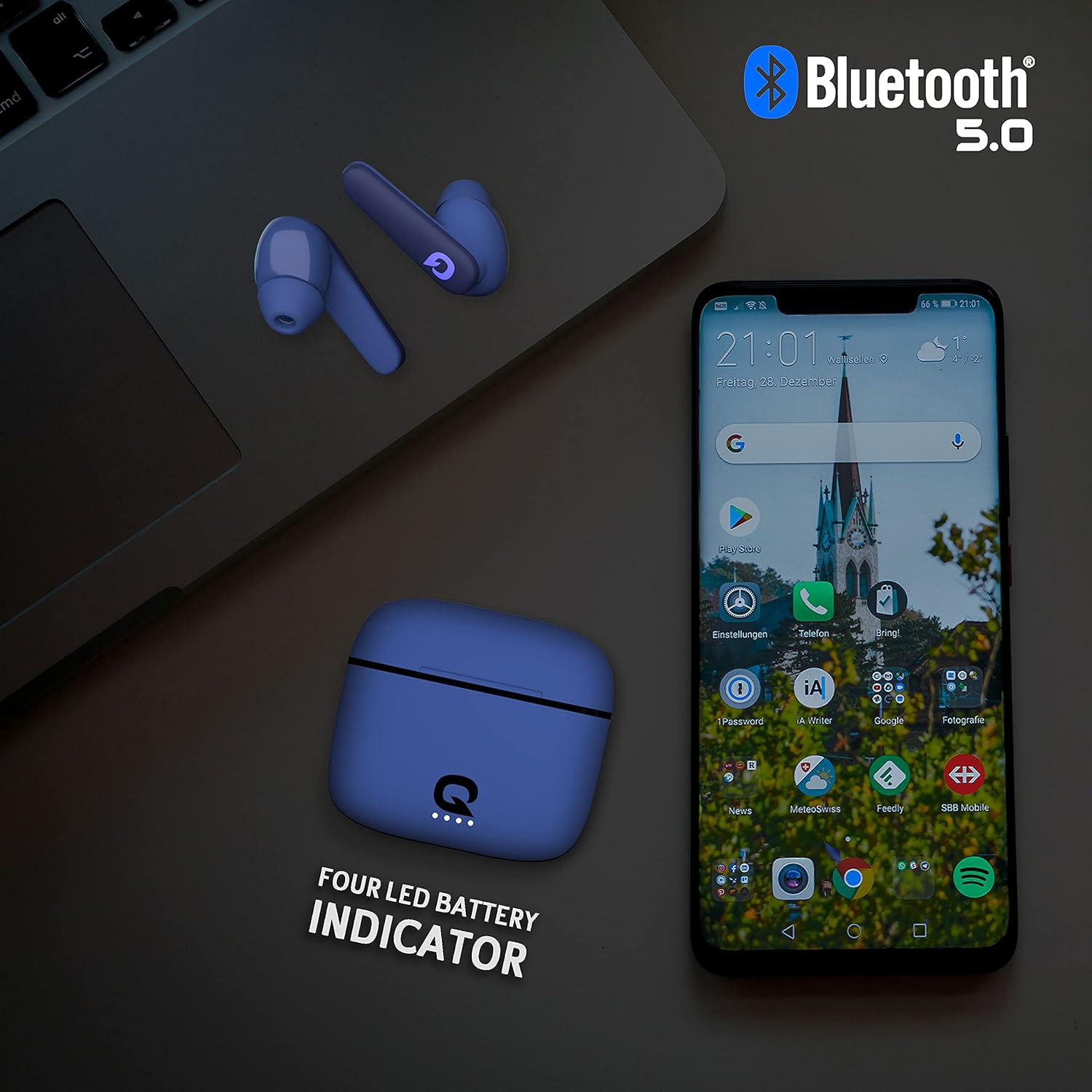 Quantum SonoTrix X True Wireless Earbuds TWS, 6 Hours Playback 42 Hours with Charging Case, Bluetooth 5.0, IPX5 Sweatproof, Touch Controls, Voice Assistance, Dual Mic, Type-C Fast Charging (Blue)-ear buds-dealsplant