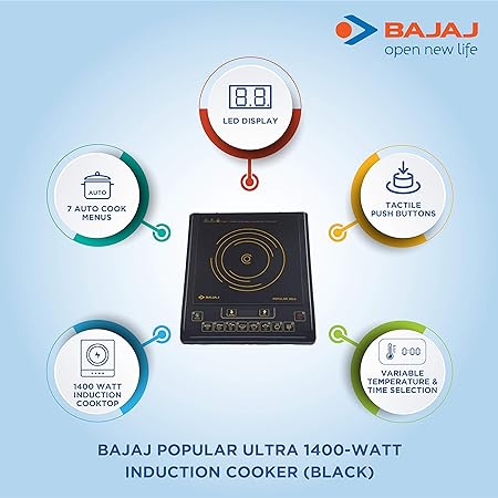 Bajaj Popular Ultra 1400W Induction Cooktop with Pan Sensor and Voltage Pro Technology, Black, Radiant-dinning-dealsplant