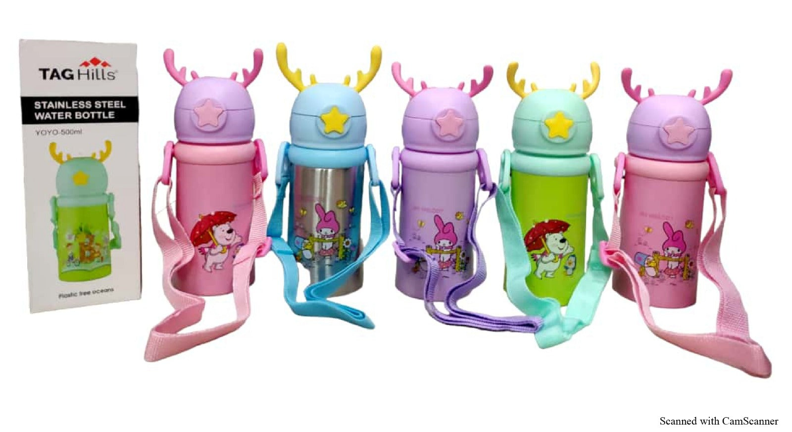 TAG Hills YOYO Water Bottle, Button flip lock open with neck band, Set of 3 Multicolour cartoon design Each 500 ml (KIDS special)-Home & Kitchen Appliances-dealsplant