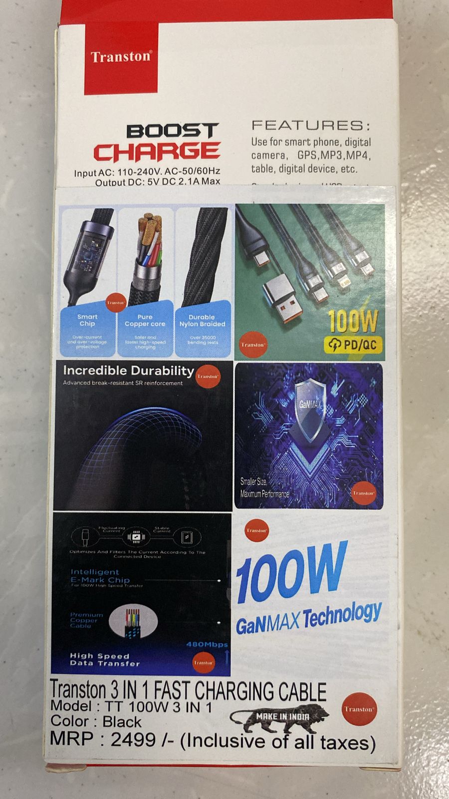 Transton Nylon Braided 1.2 Meter 3 in 1 multi charger cable fast charging charger cable with Lightning,Type C,Micro USb Port - 3 in 1 Multi charging cable-CHARGER ADAPTER-dealsplant