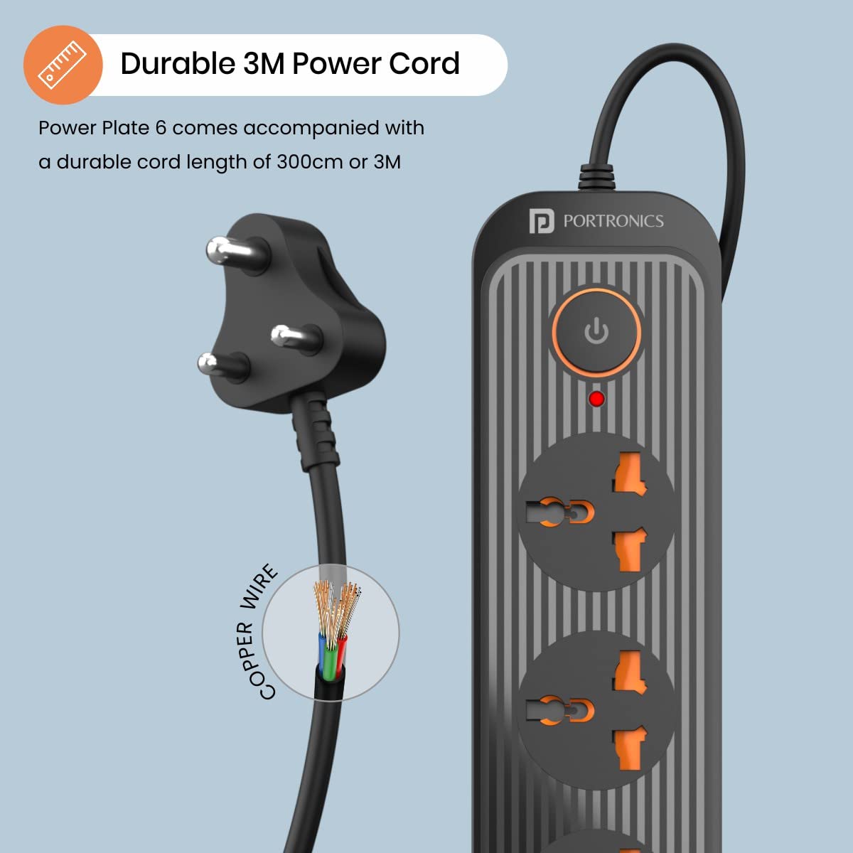 Portronics Power Plate 6 with 4 USB Port + 5 Power Sockets 2500W Surge Protector/Power Converter, Cord Length 3Mtr (Black)-Sockets-dealsplant