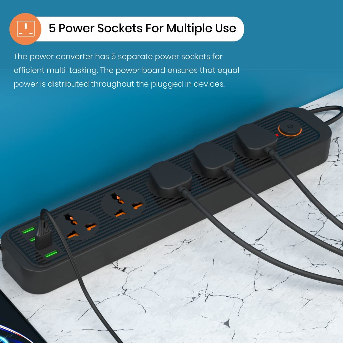 Portronics Power Plate 6 with 4 USB Port + 5 Power Sockets 2500W Surge Protector/Power Converter, Cord Length 3Mtr (Black)-Sockets-dealsplant