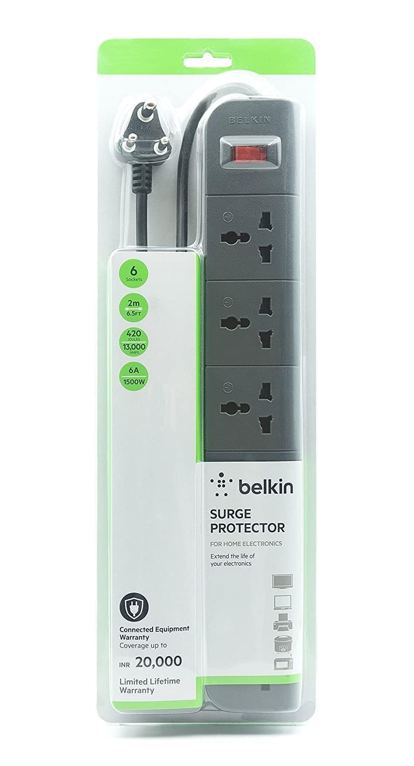 Belkin Power Strip 6-outlet Surge Protector,2 meter cord for Home, Office, Travel, Computer Desktop & Charging Brick-Power Strip-dealsplant