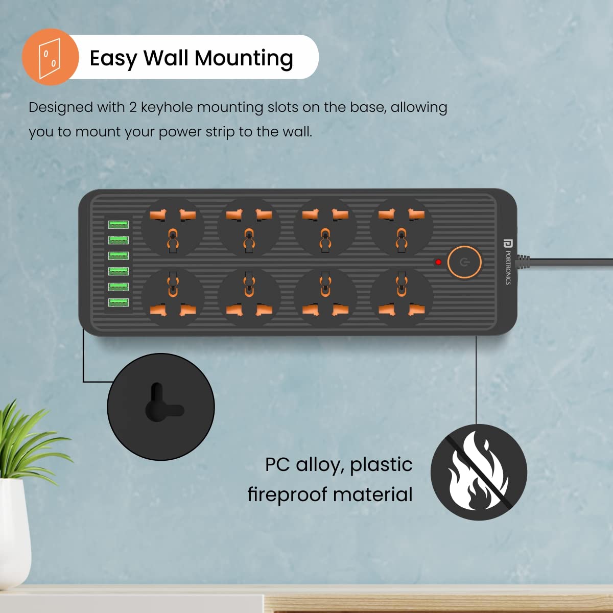 Portronics Power Plate 7 with 6 USB Port + 8 Power Sockets Power Strip Extension Board with 2500W, 3Mtr Cord Length, 2.1A USB Output(Black)-Sockets-dealsplant