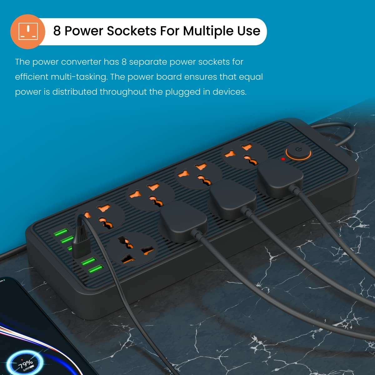 Portronics Power Plate 7 with 6 USB Port + 8 Power Sockets Power Strip Extension Board with 2500W, 3Mtr Cord Length, 2.1A USB Output(Black)-Sockets-dealsplant