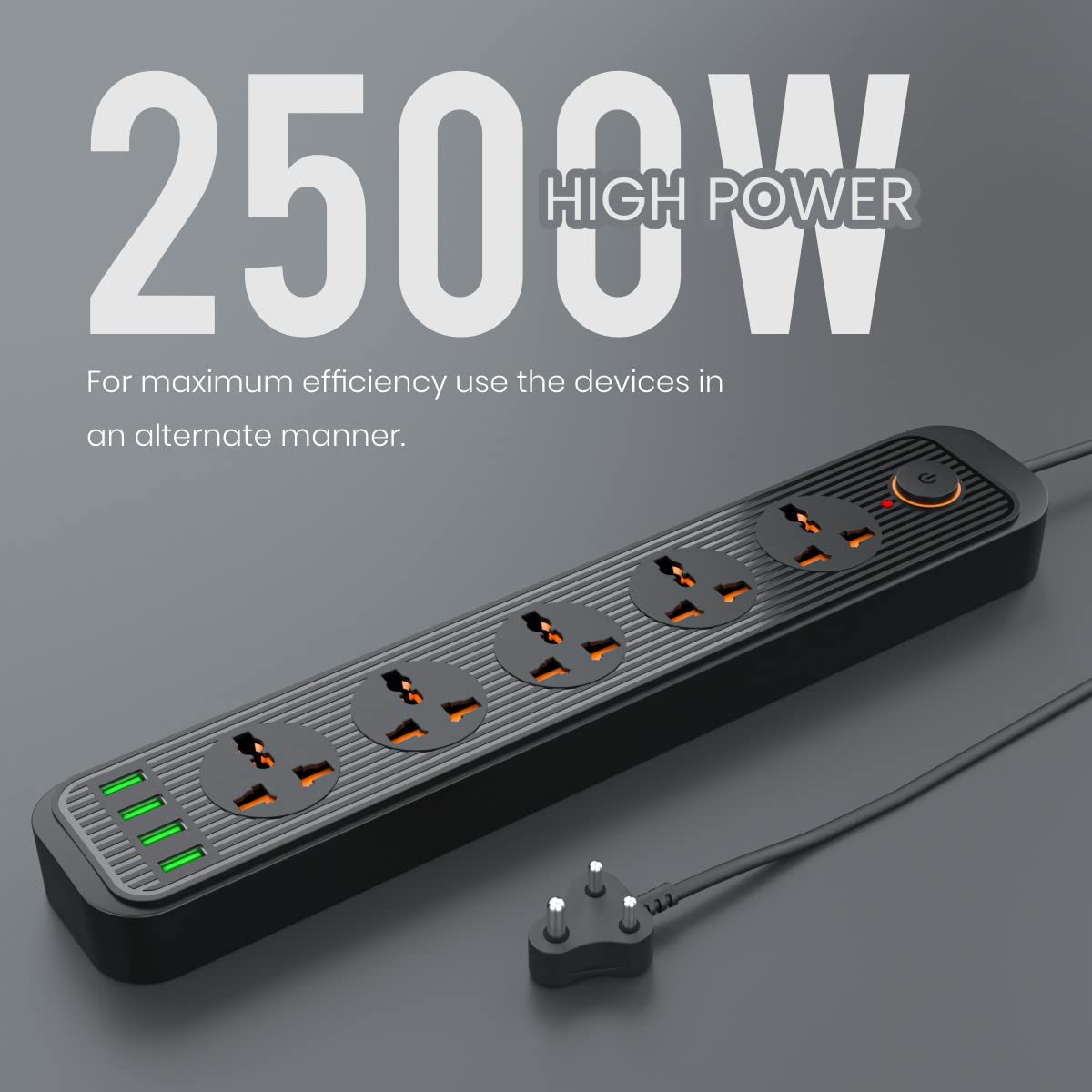 Portronics Power Plate 6 with 4 USB Port + 5 Power Sockets 2500W Surge Protector/Power Converter, Cord Length 3Mtr (Black)-Sockets-dealsplant