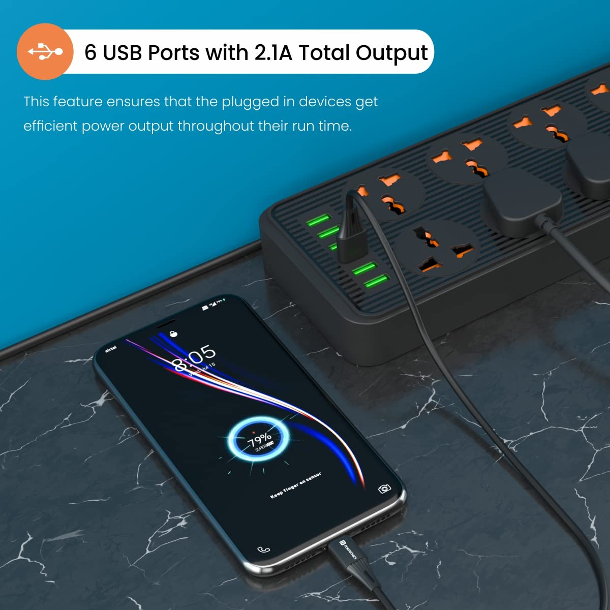 Portronics Power Plate 7 with 6 USB Port + 8 Power Sockets Power Strip Extension Board with 2500W, 3Mtr Cord Length, 2.1A USB Output(Black)-Sockets-dealsplant