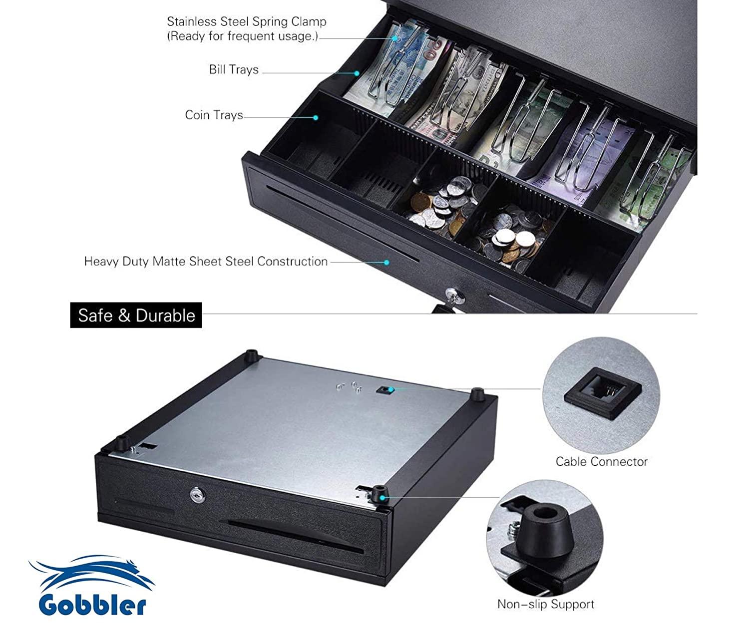 GOBBLER Electronic & Manual Metal Cash Drawer for Point of Sale (POS) System with Coin Tray, 5 Bill / 8 Coin (Black) Cash Drawer-Drawer Slides-dealsplant