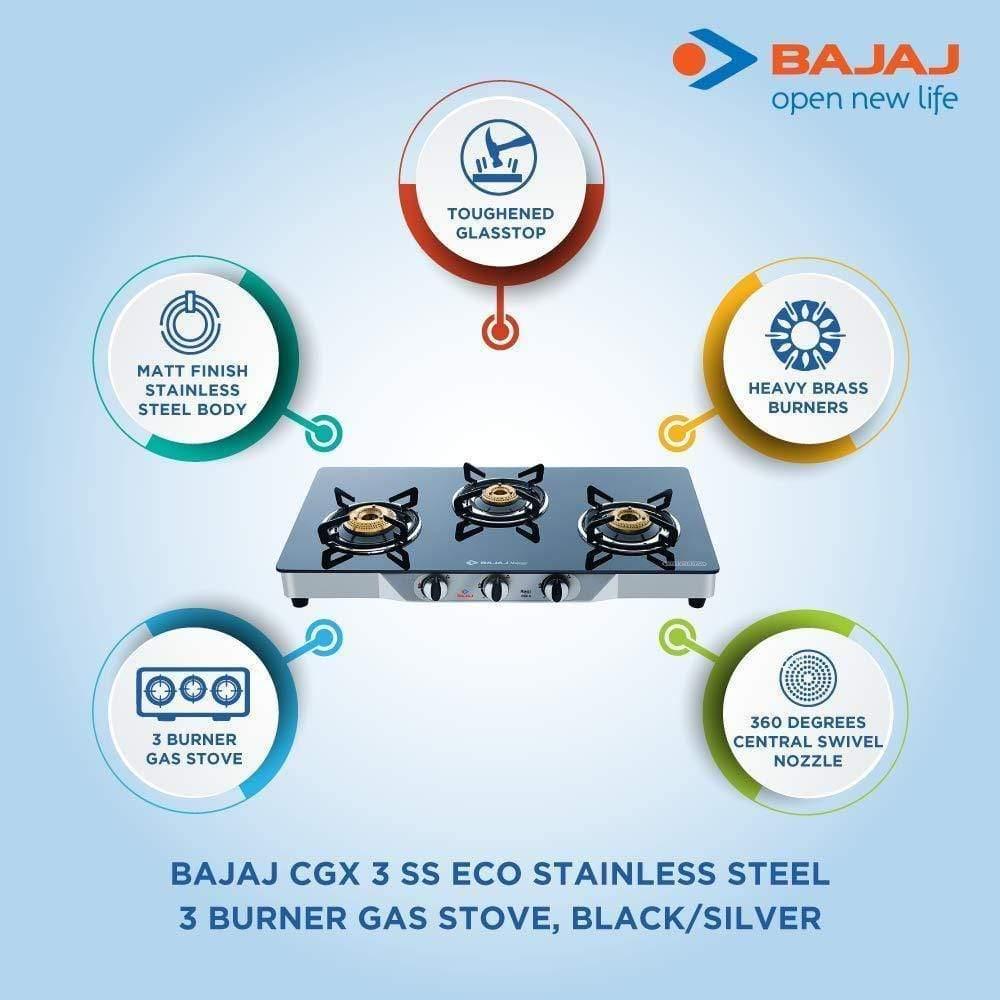 Bajaj CGX3, 3-Burner Stainless Steel Glass gas stove-Home & Kitchen Appliances-dealsplant