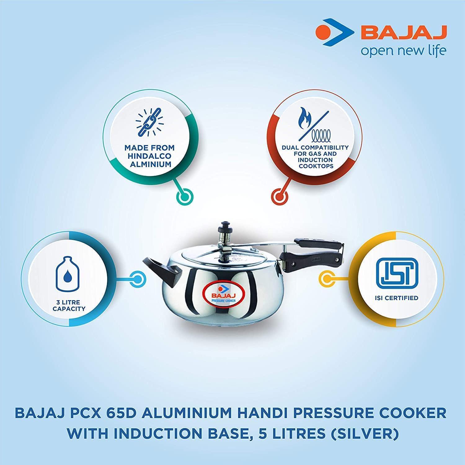 Bajaj PCX 65D Aluminium Handi Pressure Cooker with Induction Base, 5 litres (Silver)-Home & Kitchen Appliances-dealsplant