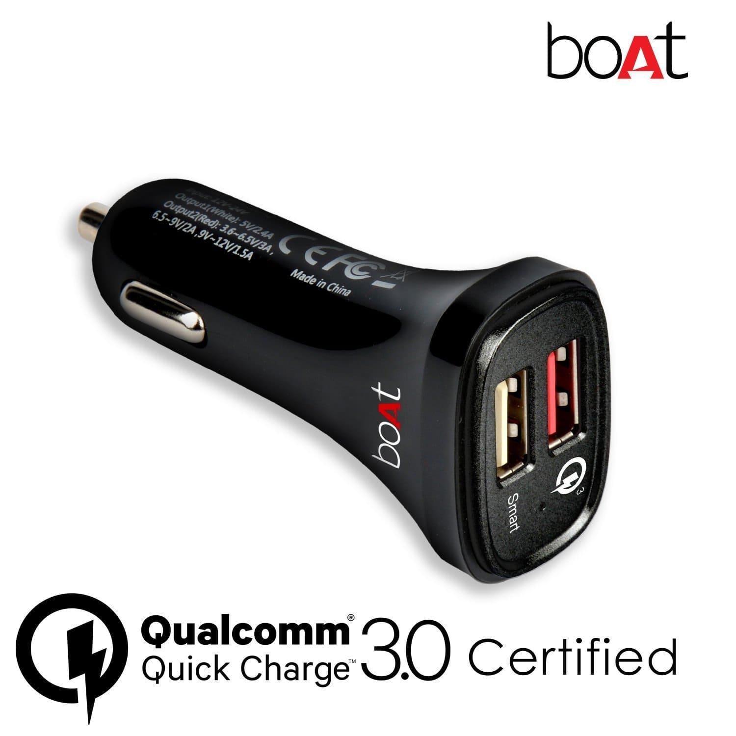 boAt Dual Port Rapid Car Charger (Qualcomm Certified) Smart Charging with Quick Charge 3.0 (Black) (Without Cable)-Car charger-dealsplant