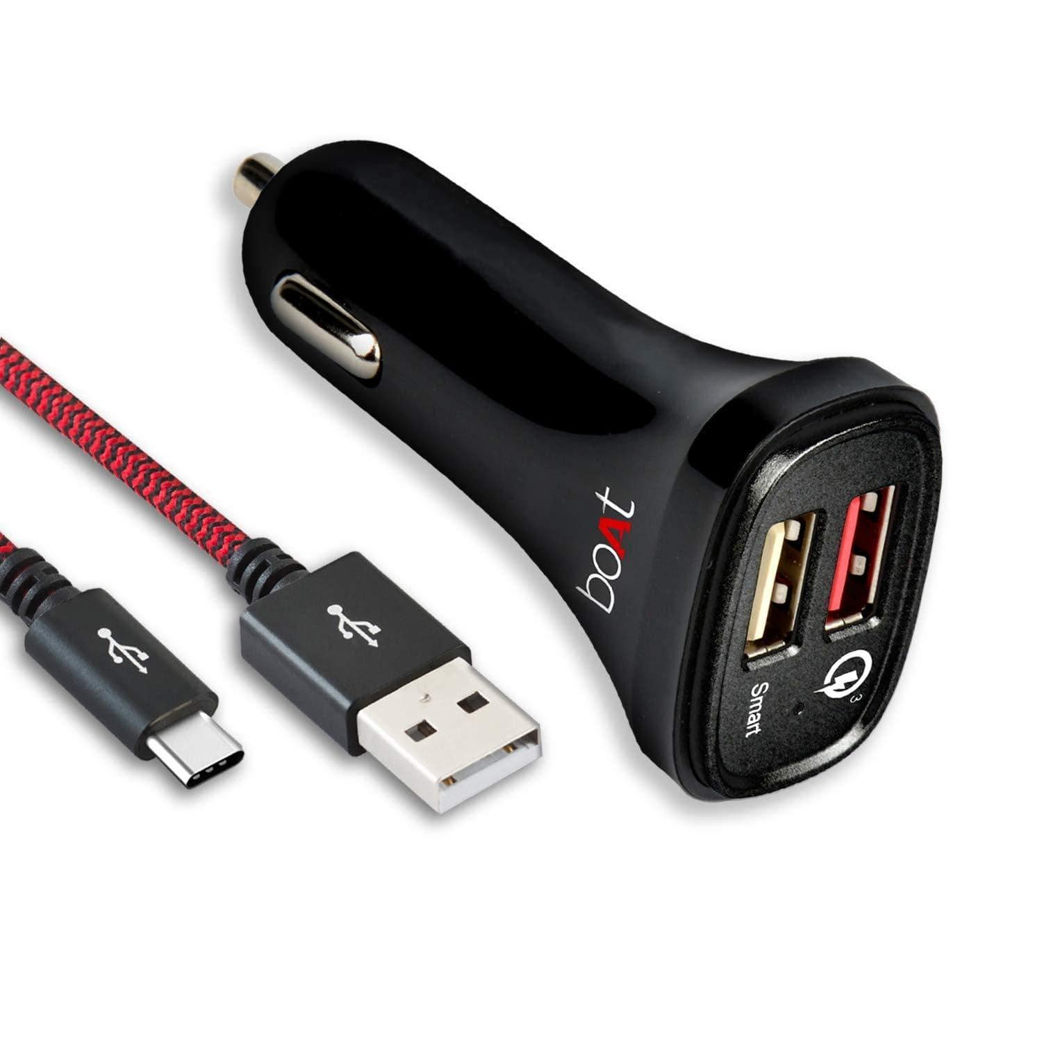boAt Dual Port Rapid Car Charger (Qualcomm Certified) Smart Charging with Quick Charge 3.0 (Black) (Without Cable)-Car charger-dealsplant