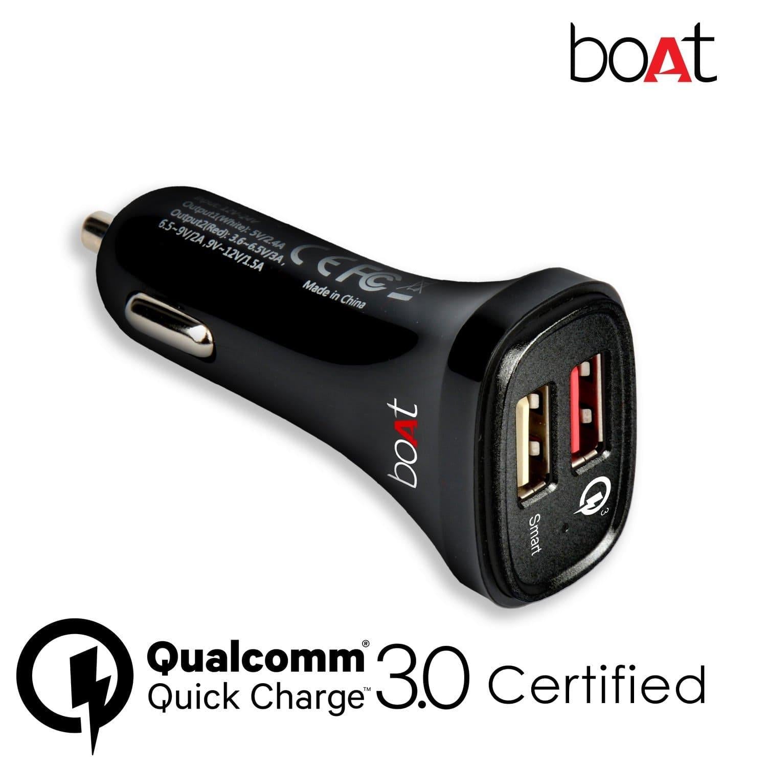 boAt Dual Port Rapid Car Charger Smart Charging with Quick Charge 3.0 Type C USB Cable Black-Car charger-dealsplant