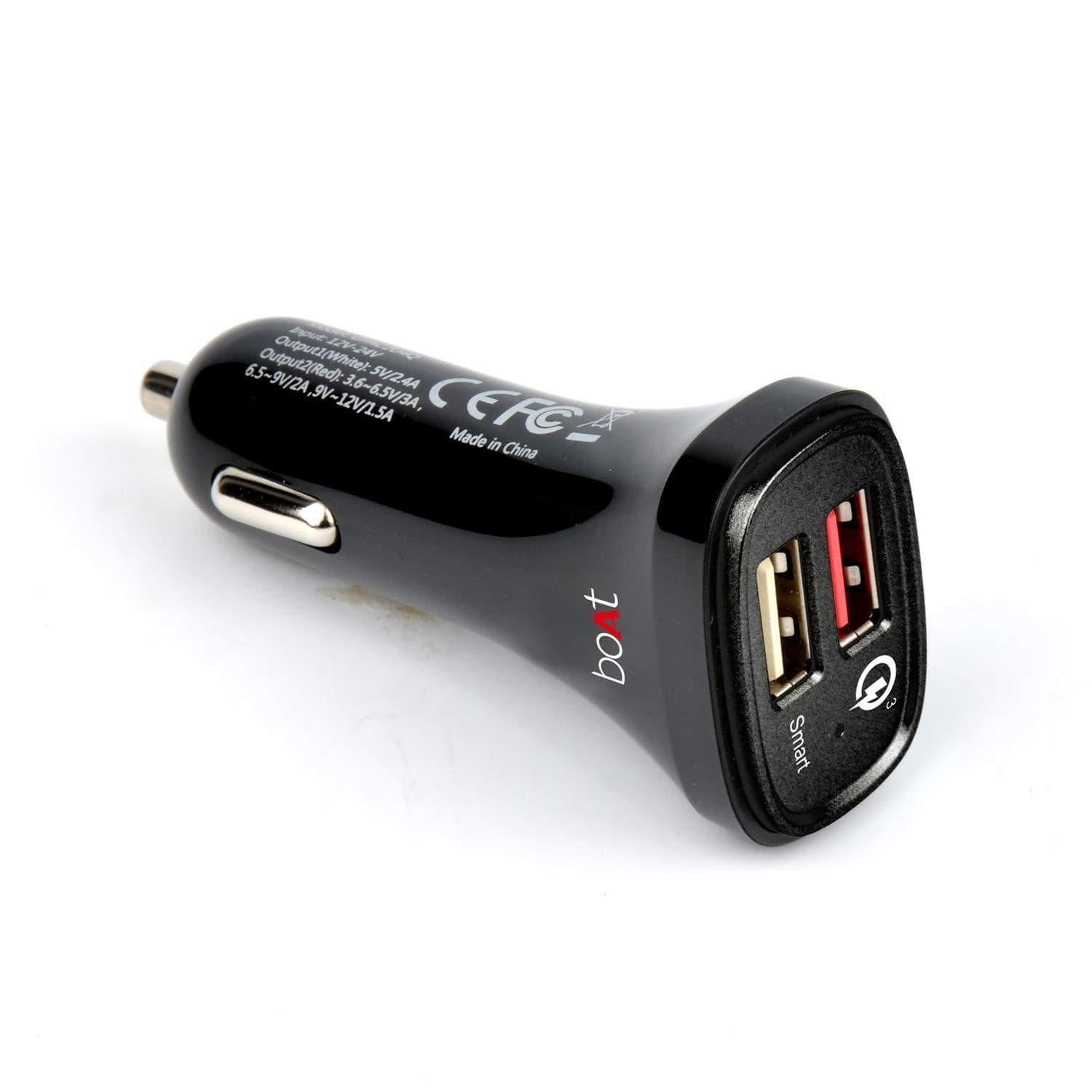 boAt Dual Port Rapid Car Charger Smart Charging with Quick Charge 3.0 Type C USB Cable Black-Car charger-dealsplant