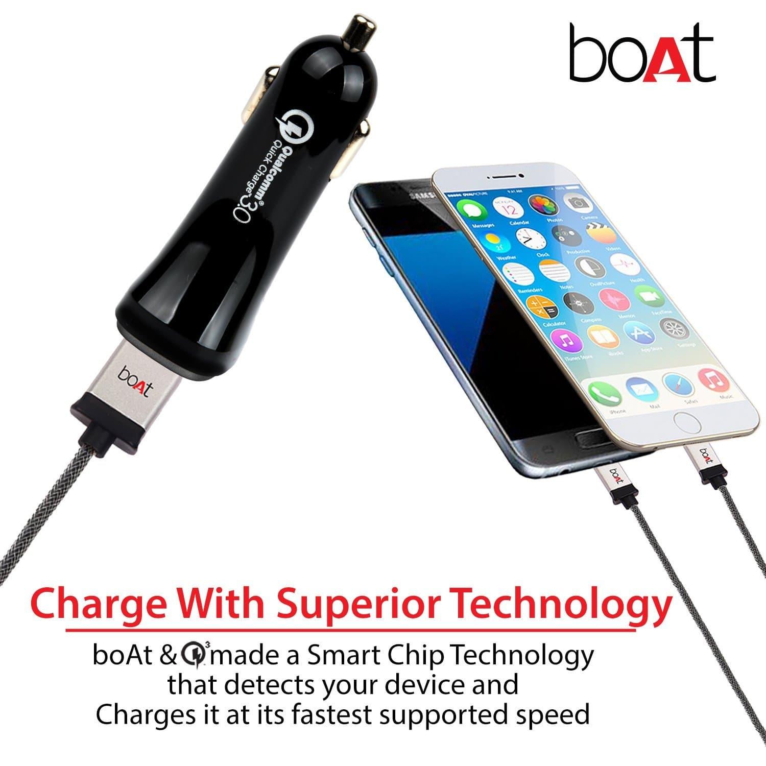 boAt Dual Port Rapid Car Charger Smart Charging with Quick Charge 3.0 Type C USB Cable Black-Car charger-dealsplant