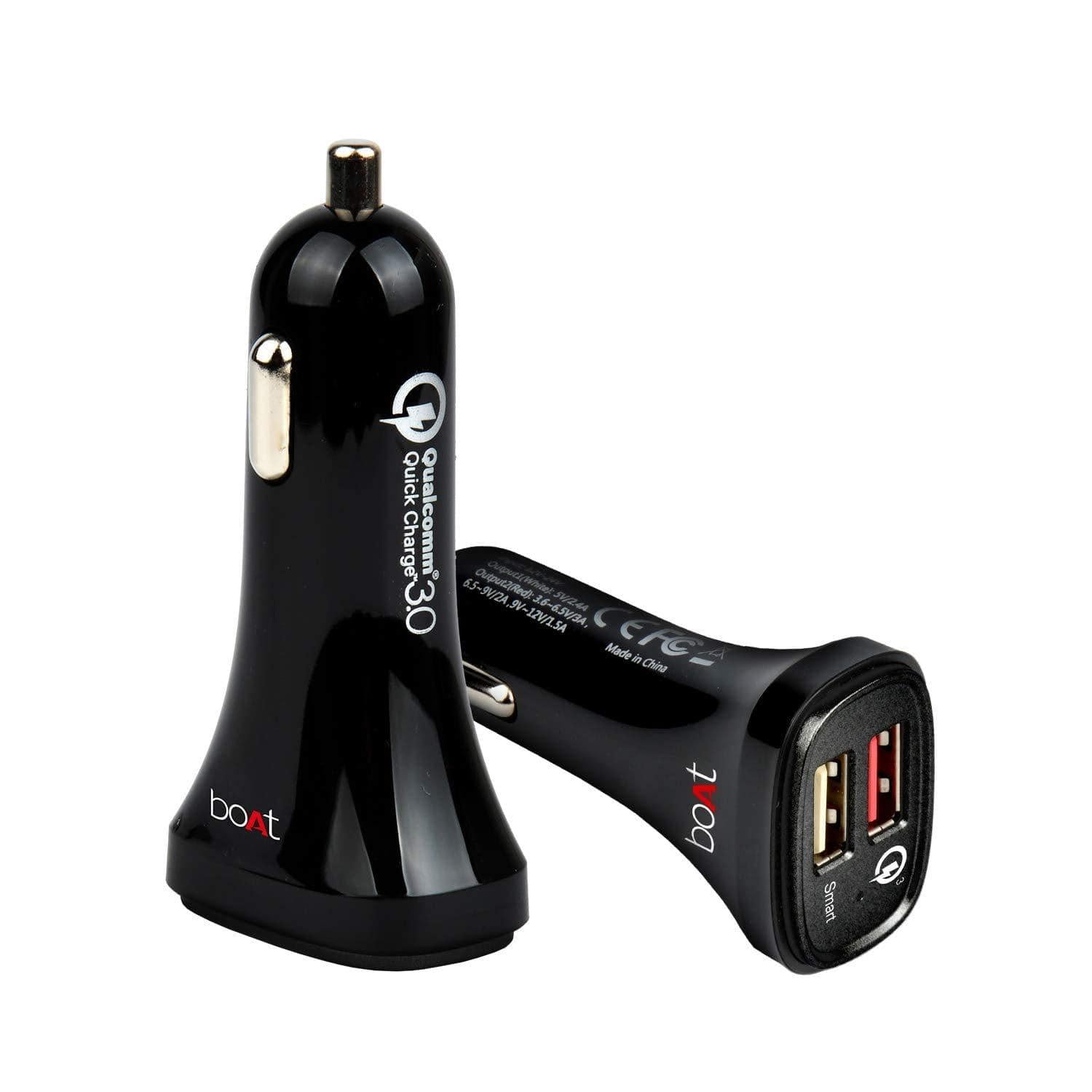 boAt Dual Port Rapid Car Charger Smart Charging with Quick Charge 3.0 Type C USB Cable Black-Car charger-dealsplant