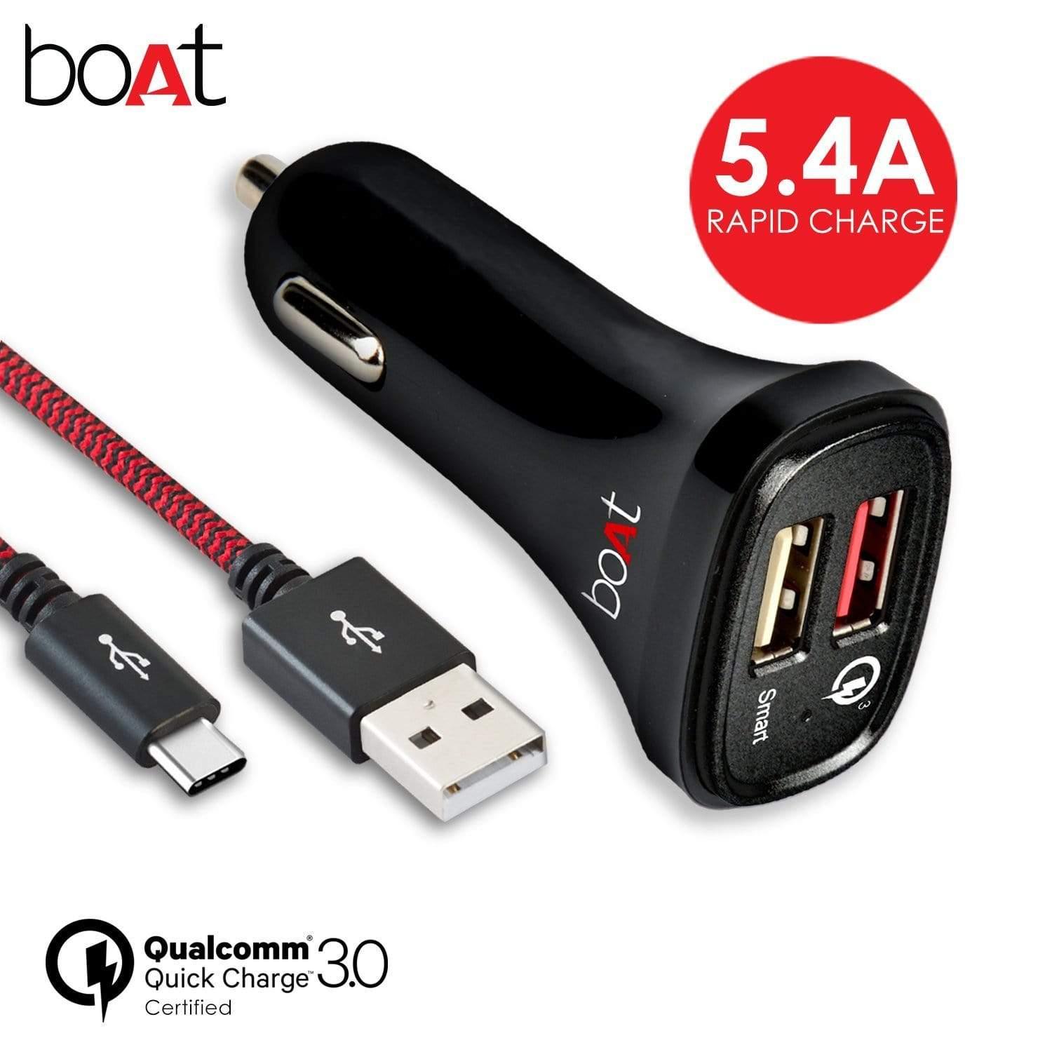 boAt Dual Port Rapid Car Charger Smart Charging with Quick Charge 3.0 Type C USB Cable Black-Car charger-dealsplant