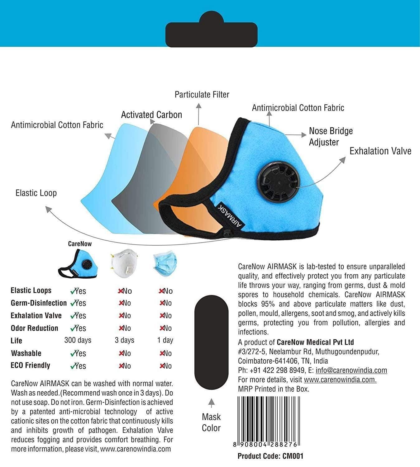CareNow AIRMASK Premium Quality Mask Best Filtration for Germs and Pollutants - Self Sanitizing & Re-usable upto 1 year-Health & Personal Care-dealsplant