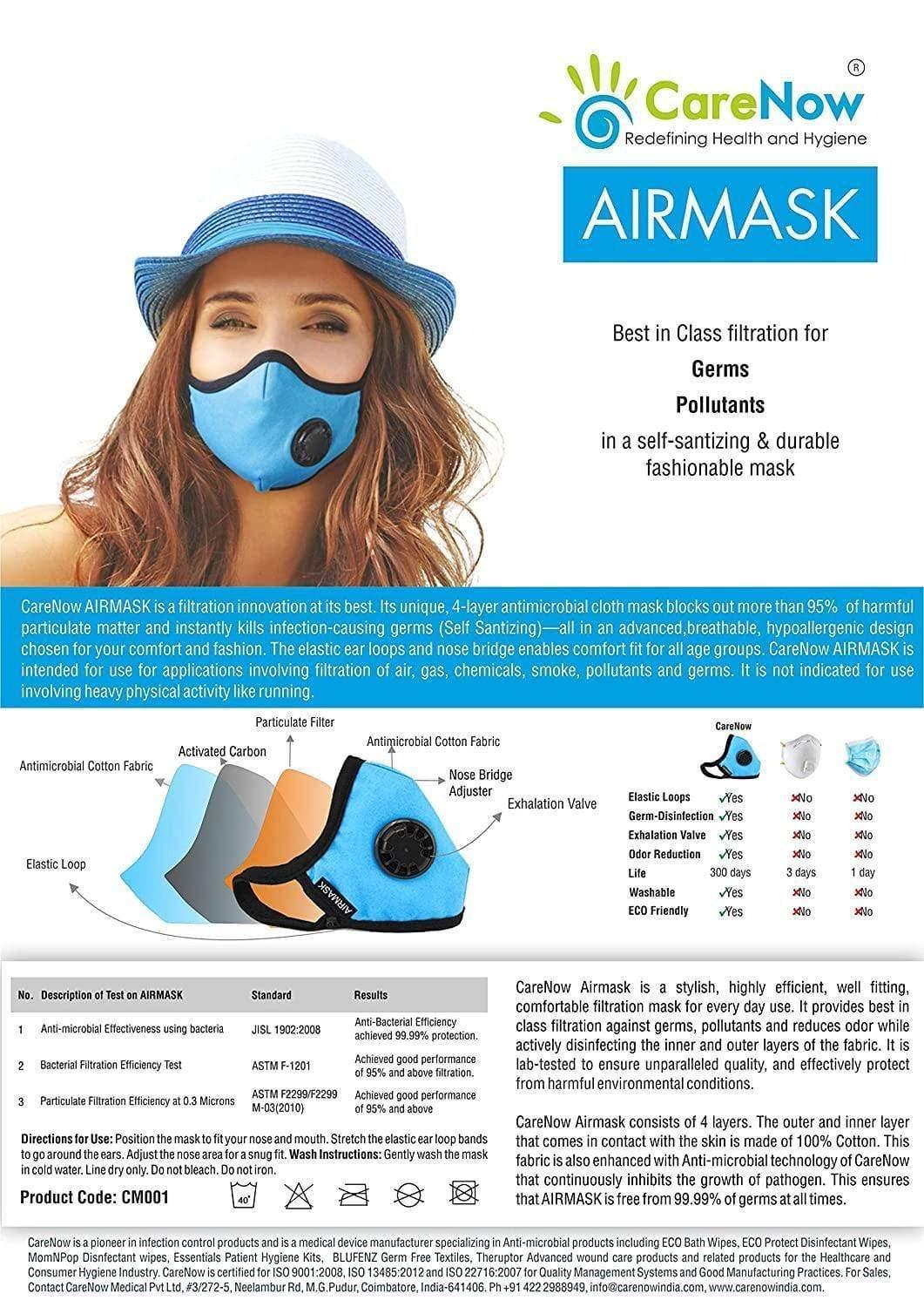 CareNow AIRMASK Premium Quality Mask Best Filtration for Germs and Pollutants - Self Sanitizing & Re-usable upto 1 year-Health & Personal Care-dealsplant