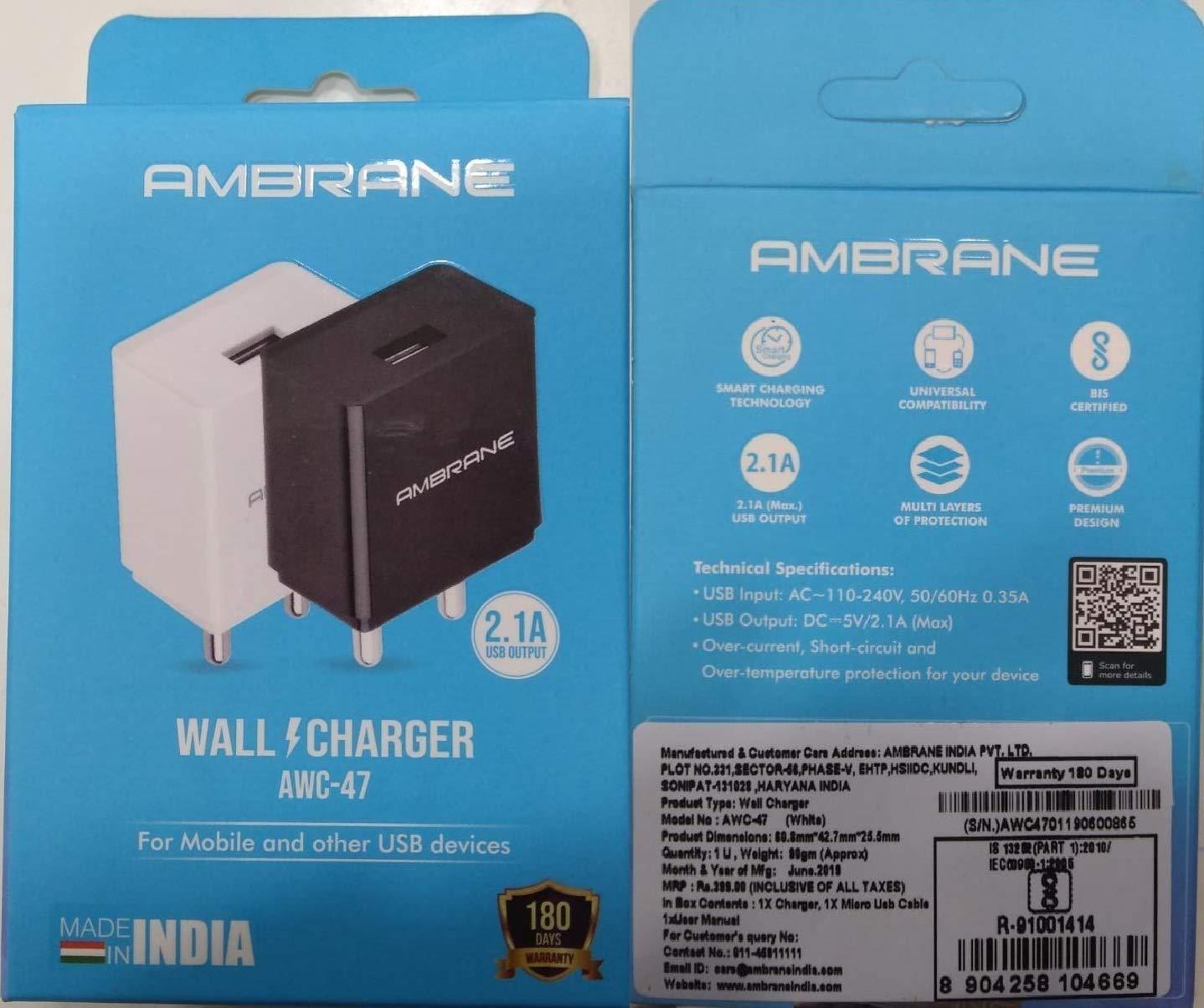 Ambrane AWC47 2.1A Fast Mobile Charger with MicroUSB Charging Cable-Datacable & Chargers-dealsplant