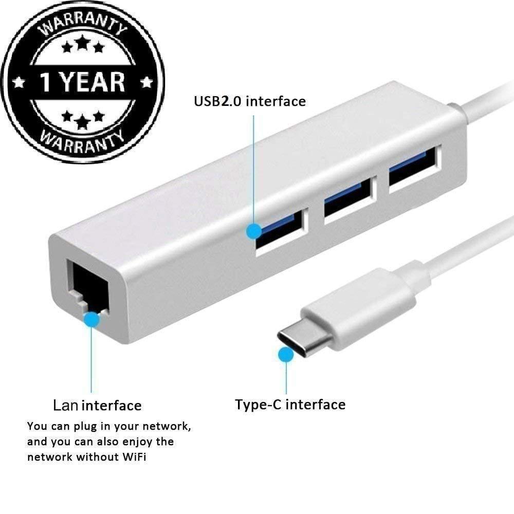 Dealsplant USB C-3-Port USB 2.0 Hub with RJ-45 Adaptor - Type-C to Gigabit Ethernet LAN Network-Ethernet_ Adapter-dealsplant
