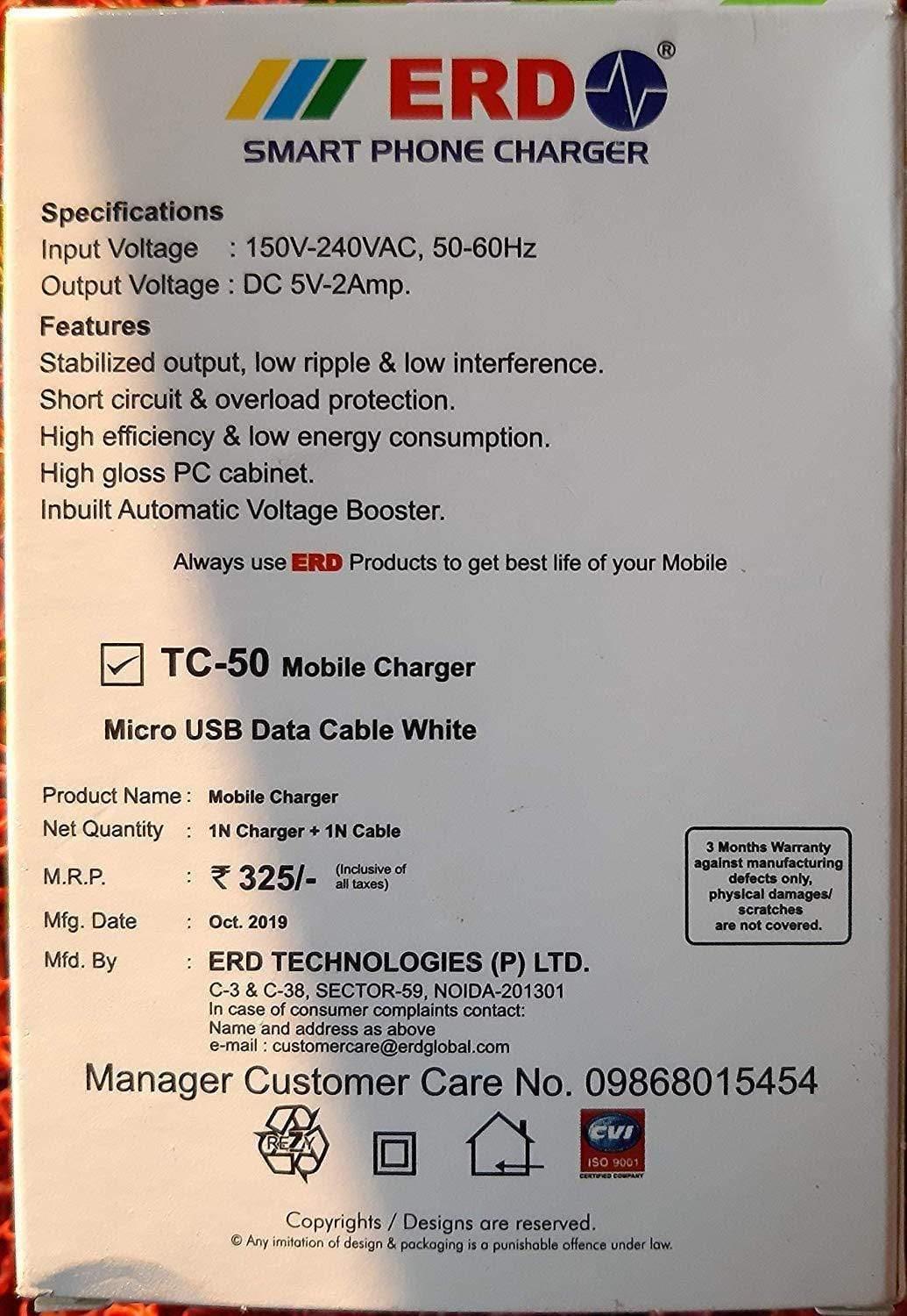 ERD TC-50 5V 2Amp Super Fast Charger with 1 Meter USB Cable for All Android Phones-Datacable & Chargers-dealsplant