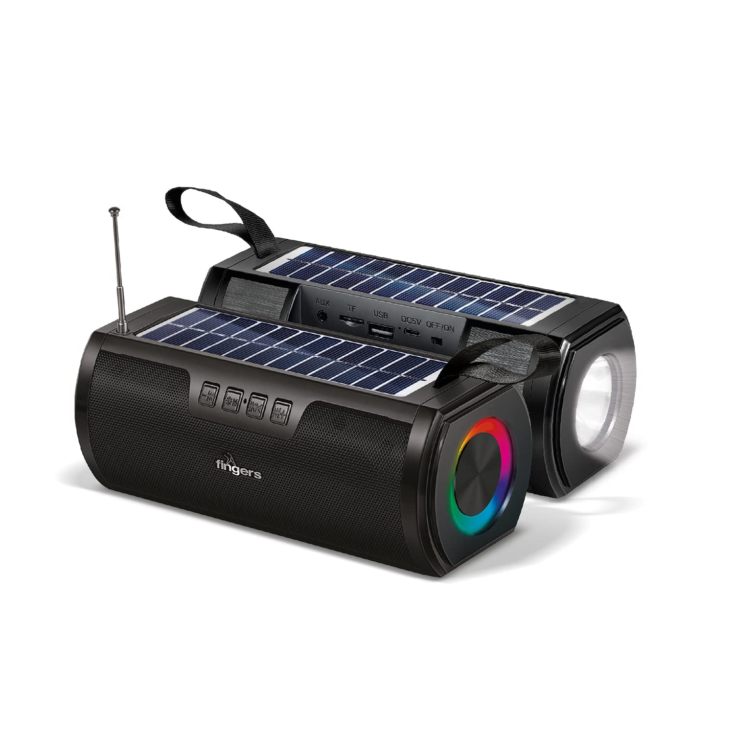 FINGERS SolarHunk2 Portable Speaker with Built-in Solar Charging Panel (RGB Lights | 14+ hrs Playback | Duo Charge – Solar & Power Outlet | Bluetooth, FM Radio, MicroSD, USB, AUX)-solor hunk2-dealsplant