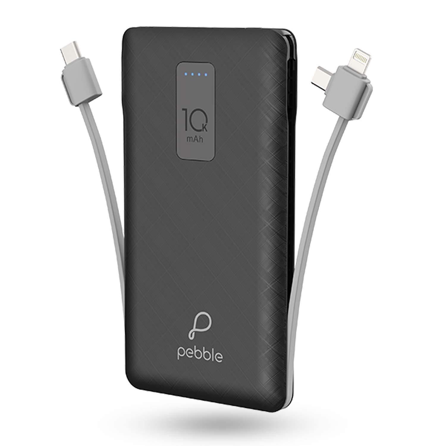 Pebble Ace+ 10000mAh Li-Polymer Power Bank with in-Built Micro, Type-C & Lightning Cables and 12W Fast Charging PB66(P)-Power Bank-dealsplant