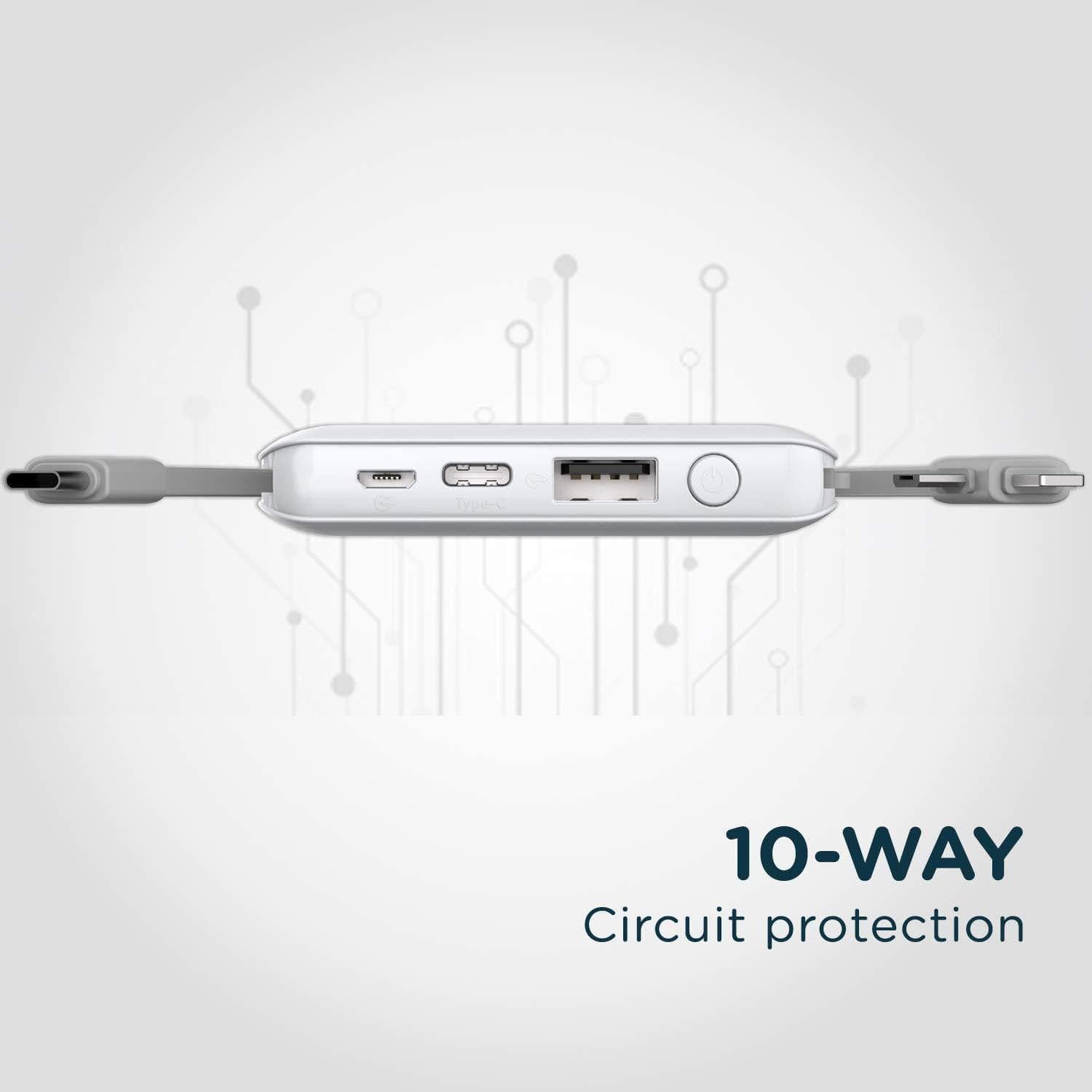 Pebble Ace+ 10000mAh Li-Polymer Power Bank with in-Built Micro, Type-C & Lightning Cables and 12W Fast Charging PB66(P)-Power Bank-dealsplant