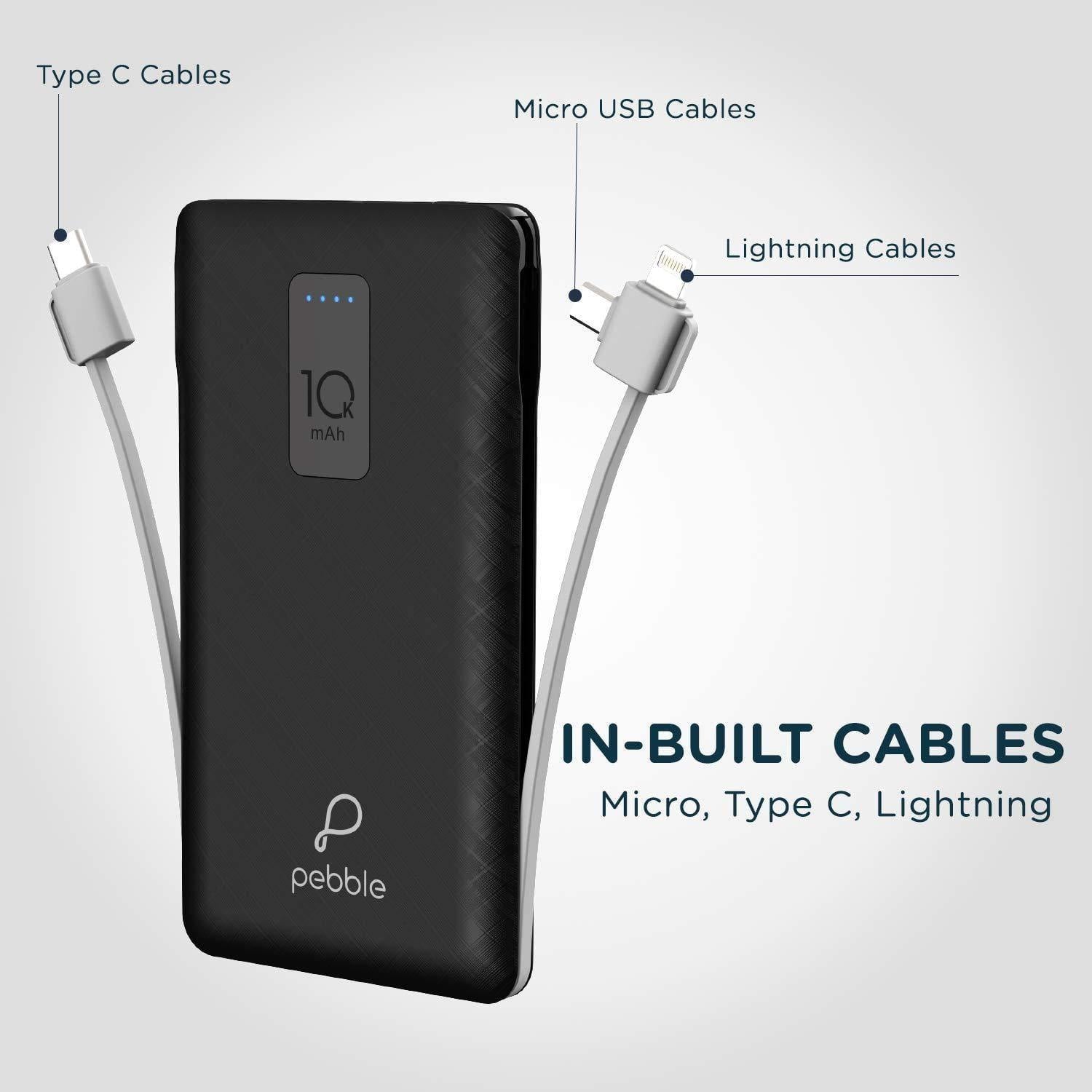 Pebble Ace+ 10000mAh Li-Polymer Power Bank with in-Built Micro, Type-C & Lightning Cables and 12W Fast Charging PB66(P)-Power Bank-dealsplant