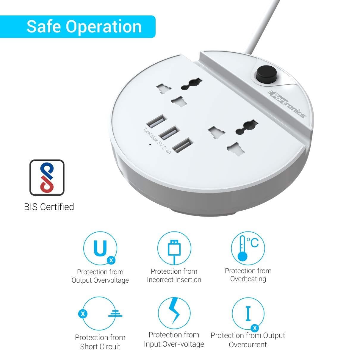 Portronics Power BUN, a Surge Protector with 2 AC Outlets and 3 USB Charging Ports Plus a Phone Docking Station, 1.5 Meter Power Cord, LED Indicator, White-Charger Pad-dealsplant