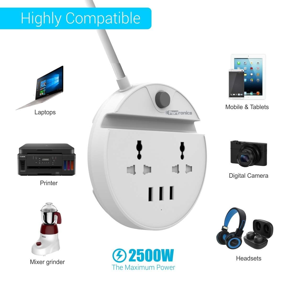 Portronics Power BUN, a Surge Protector with 2 AC Outlets and 3 USB Charging Ports Plus a Phone Docking Station, 1.5 Meter Power Cord, LED Indicator, White-Charger Pad-dealsplant