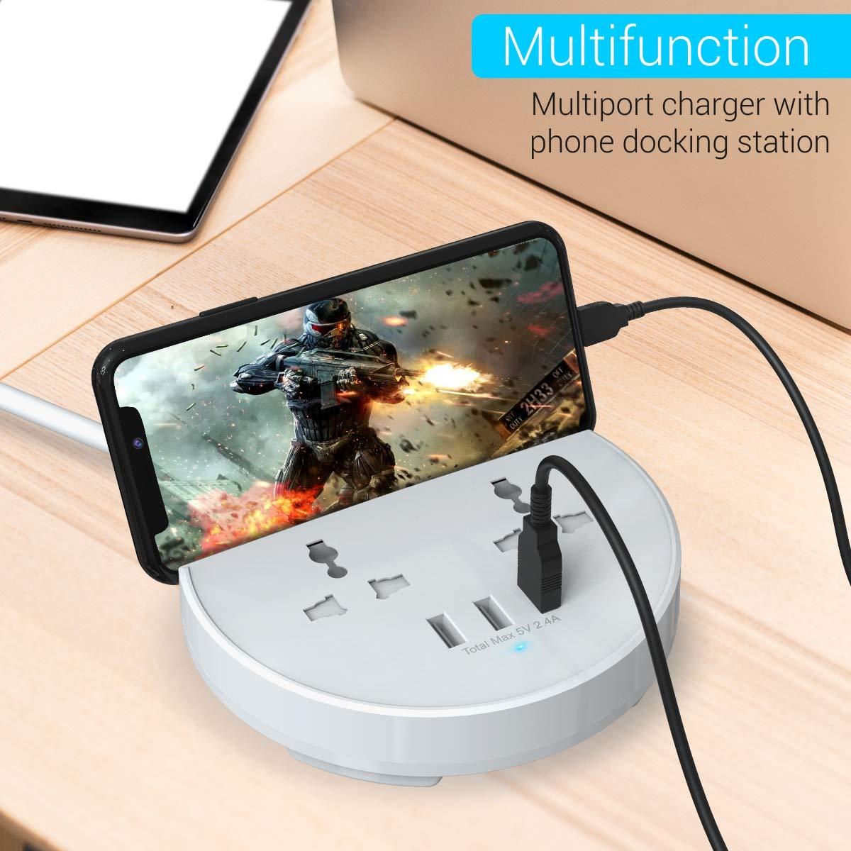 Portronics Power BUN, a Surge Protector with 2 AC Outlets and 3 USB Charging Ports Plus a Phone Docking Station, 1.5 Meter Power Cord, LED Indicator, White-Charger Pad-dealsplant