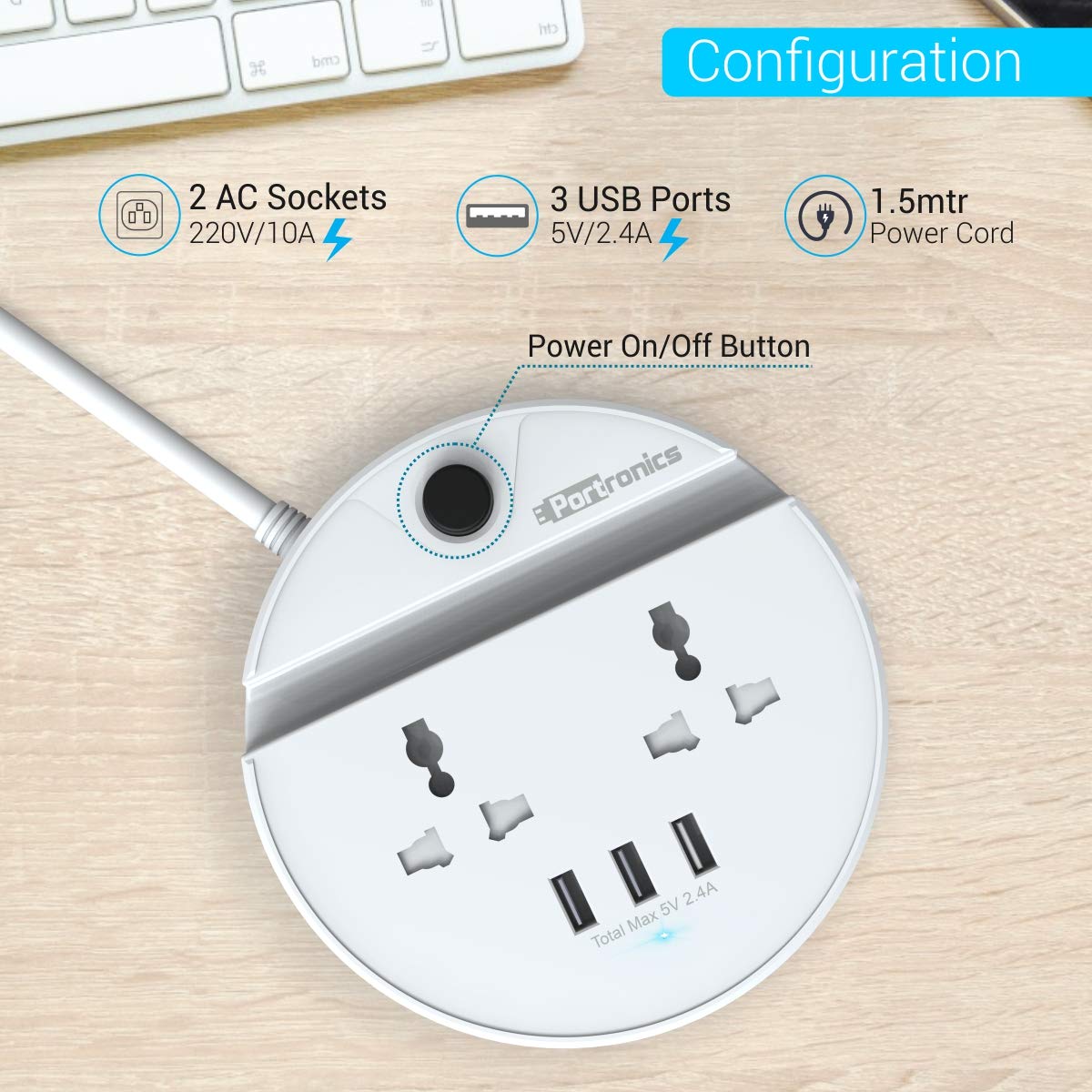 Portronics Power BUN, a Surge Protector with 2 AC Outlets and 3 USB Charging Ports Plus a Phone Docking Station, 1.5 Meter Power Cord, LED Indicator, White-Charger Pad-dealsplant