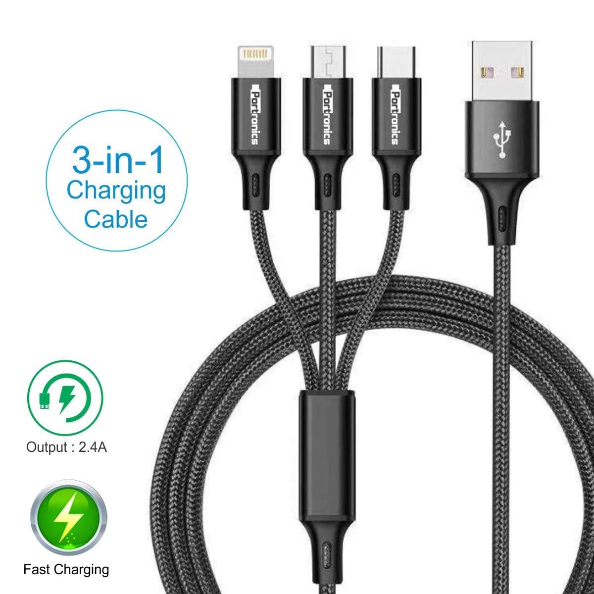 Portronics Konnect-Trio Plus 3-in-1 Multi-Functional Charging Cable 1.2M-Multi-Functional Charging Cable-dealsplant