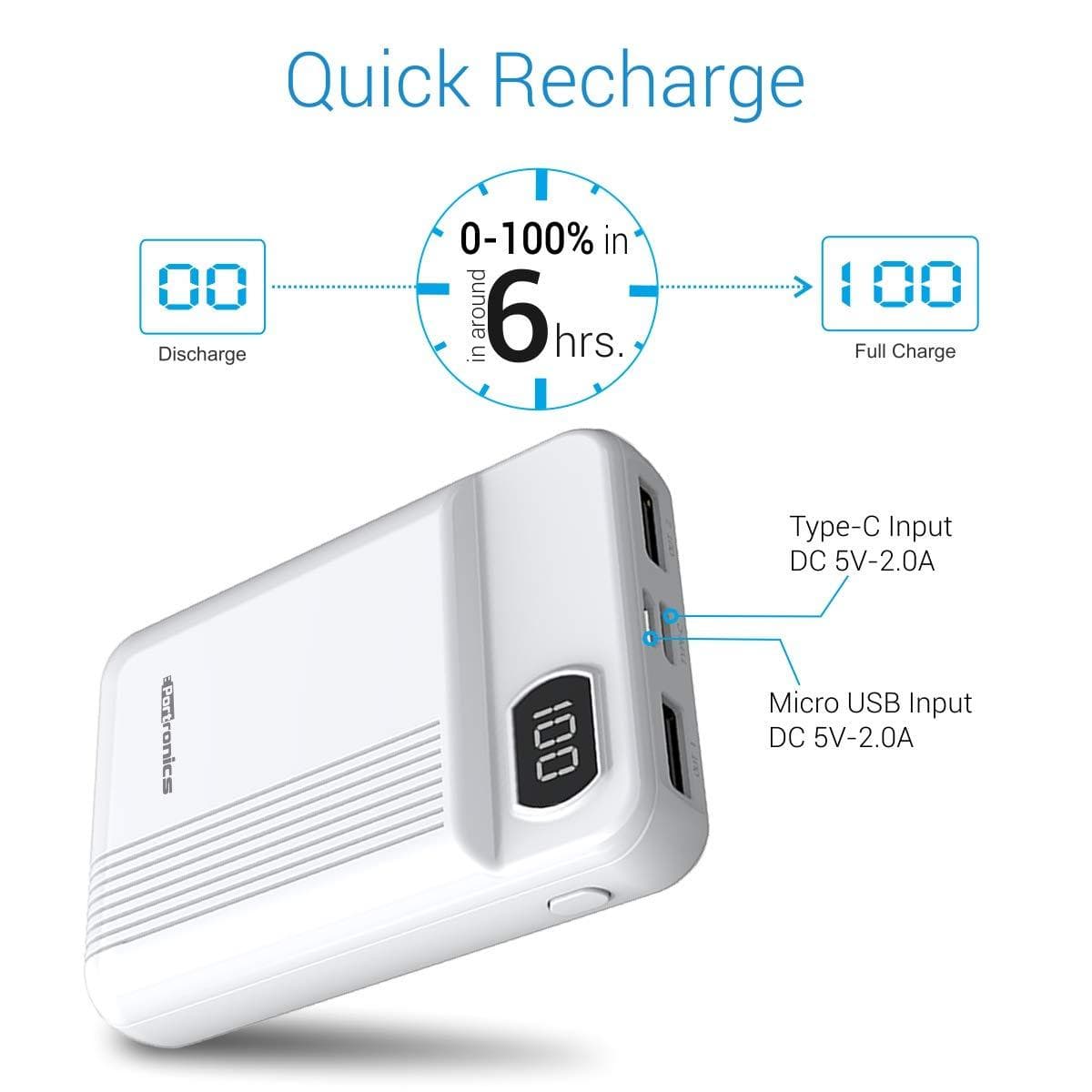 Portronics Indo 10D 10,000 mAh Power Bank Dual Input(Type C + Micro USB) and Dual Output with Display (White)-Power Bank-dealsplant